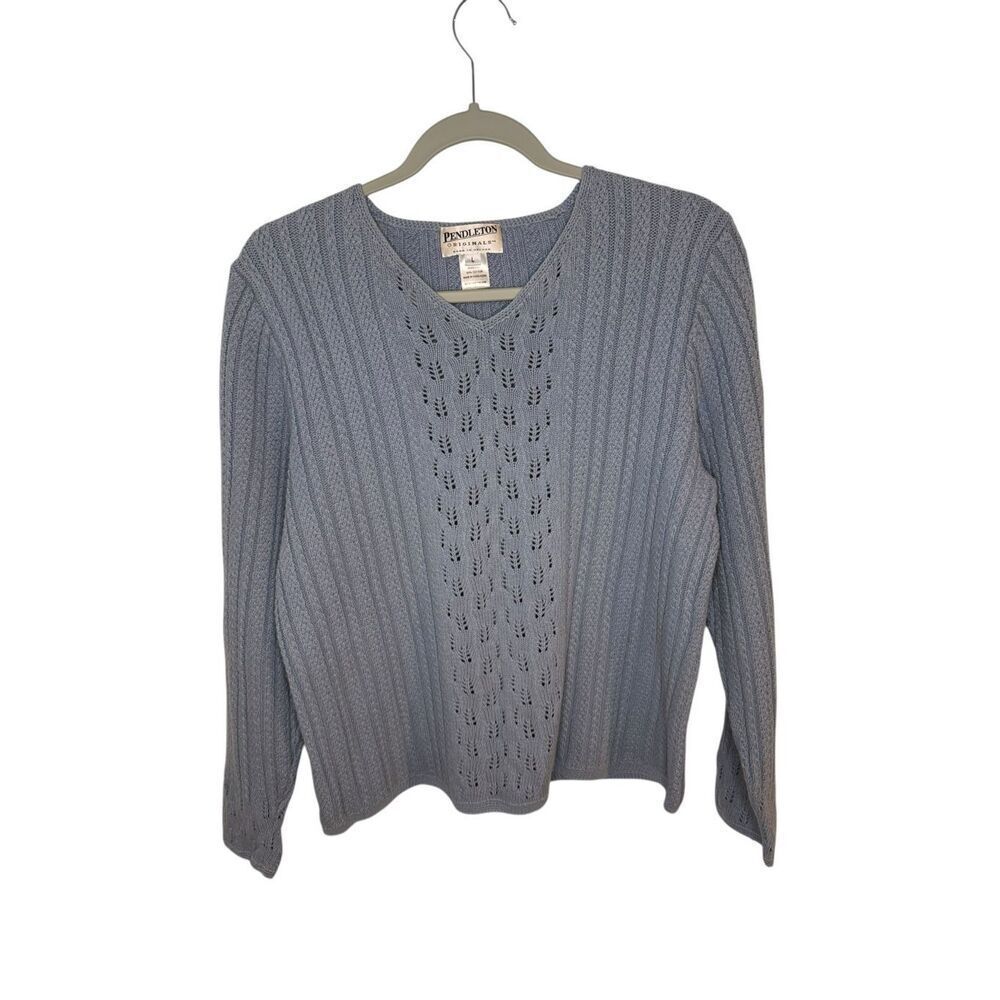 Pendleton Vintage Light Blue Cable Knit V Neck Sweater Size Large‎